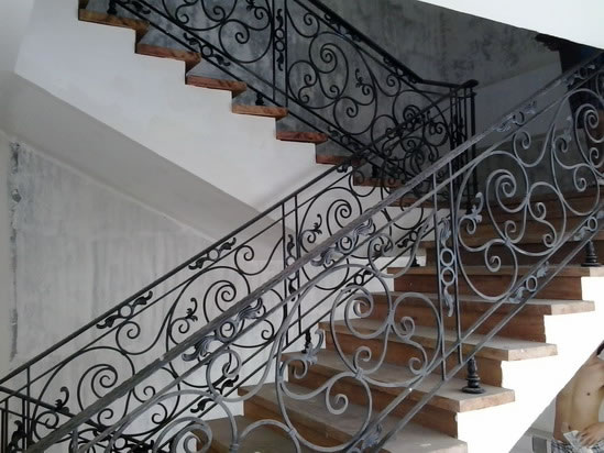 Wrought Iron Stair Railing, Entrance Gate, and False Balcony Railing