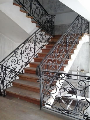 Wrought Iron Stair Railing, Entrance Gate, and False Balcony Railing